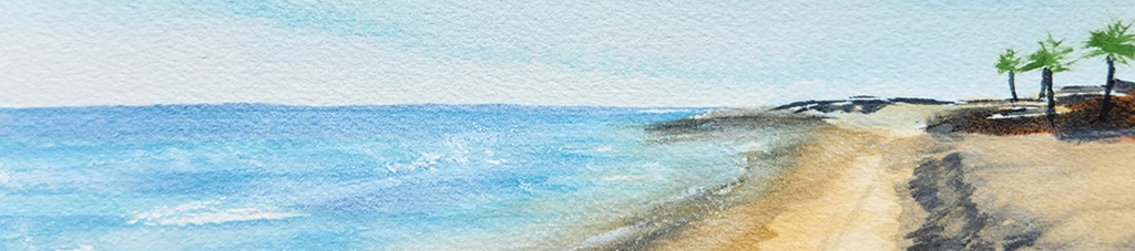 Watercolor beach scene with palm trees. Text reads: Lauren Kate Paintings.