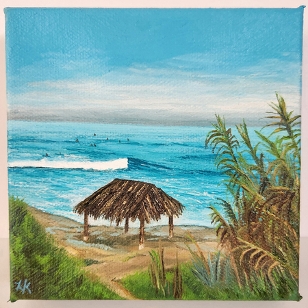 Surf shack framed by grass and tall greenery at Windansea, overlooking the wild surf — surfers out in the water — blue skies above — original oil painting