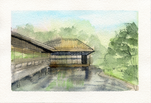 Shōsei-en Garden in Kyoto, loose watercolor and pen painting