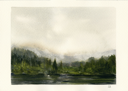 Skomakerdiket - lake on Mt Fløyen, green misty trees and distant mountains, watercolor painting
