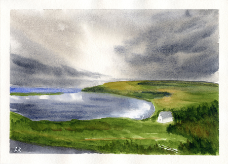 Moody beach in Isle of Skye, Scotland, watercolor painting