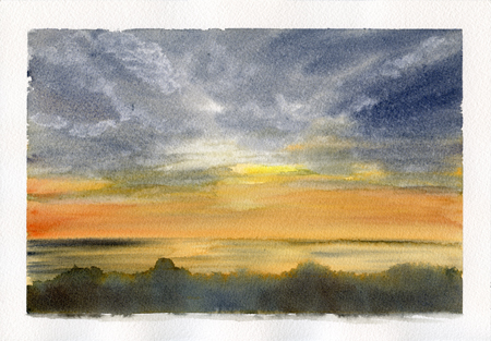 Moody sunset in california, watercolor painting