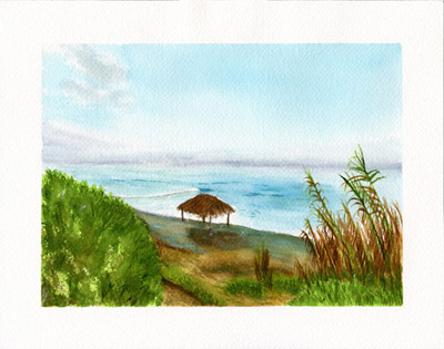 original watercolor painting of Windansea Beach, La Jolla San Diego - capturing the iconic Surf Shack Art and oceans, framed by coastal bluff grasses and a hazy blue horizon.