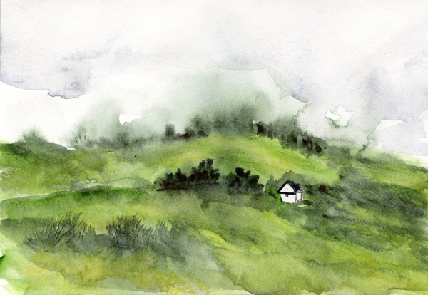 Rolling green hills and a small white cottage in Scotland, watercolor painting