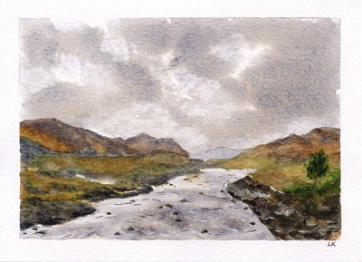 original watercolor painting inspired by the view from the Sligachan Old Bridge on the Isle of Skye, Scotland - a rocky river running through a valley in the Scottish Highlands beneath a moody gray sky.