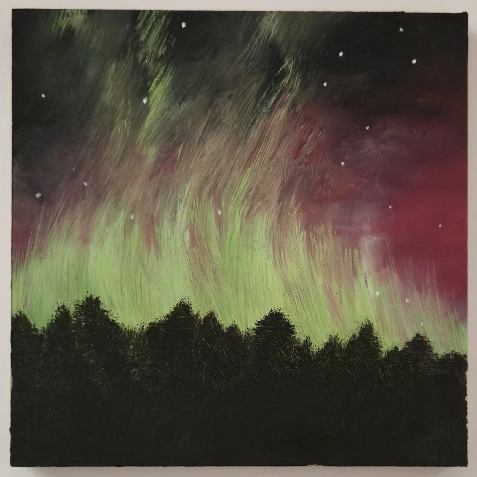finished oil painting of the green northern lights with magenta clouds in alta, norway.