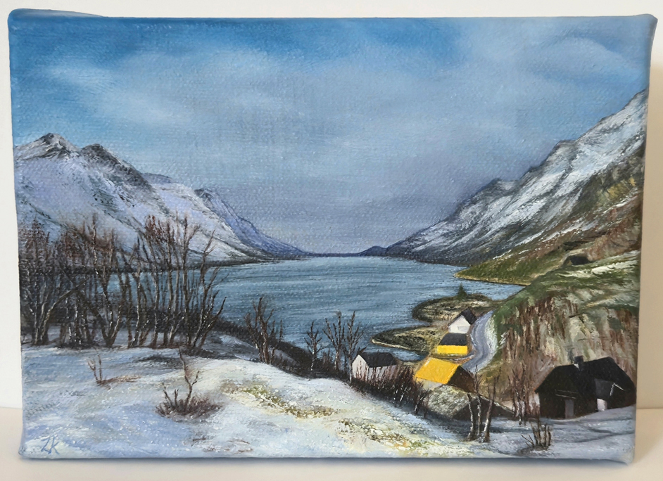 Snow-covered mountains and winter village at Ersfjordbotn, Norway — original oil painting