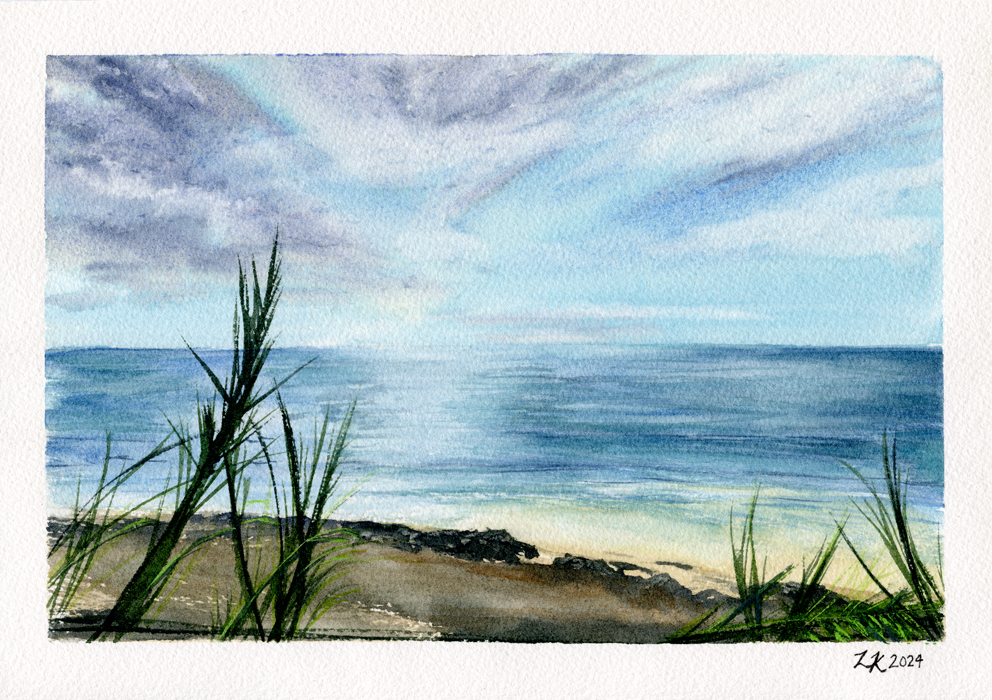 Original watercolor painting of Del Mar Beach, San Diego, California - Wild grass on the cliffs overlooking the ocean.