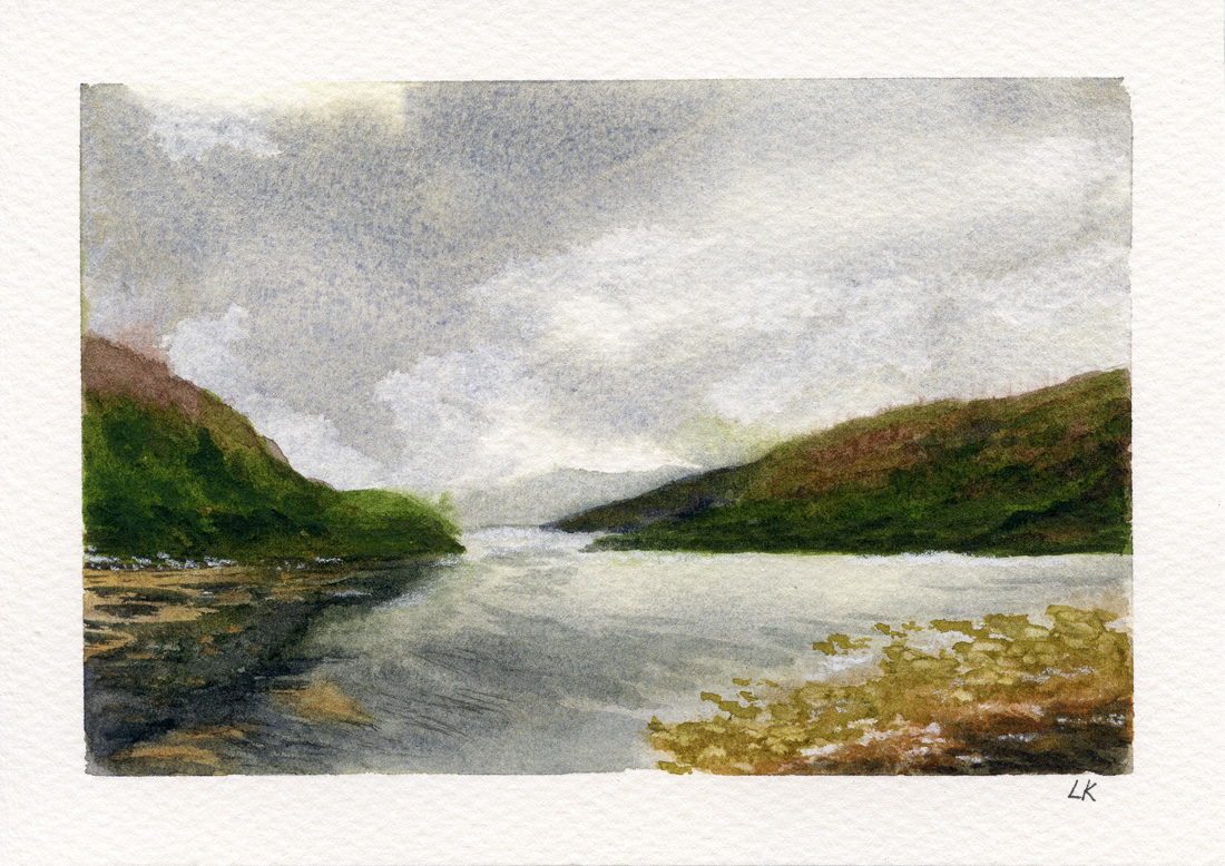 Original watercolor painting of Loch Duich from Eilean Donan Castle. Misty mountains, calm water, and soft reflections.