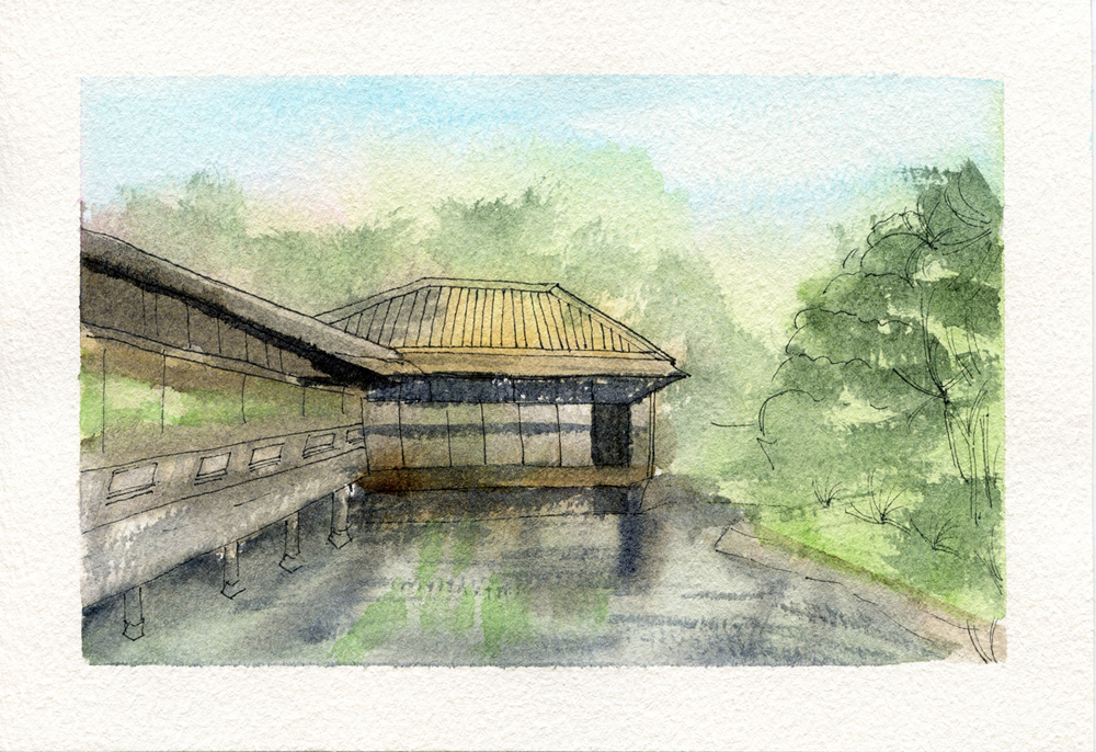 Original watercolor painting of Shōsei-en Garden, Kyoto, Japan.
